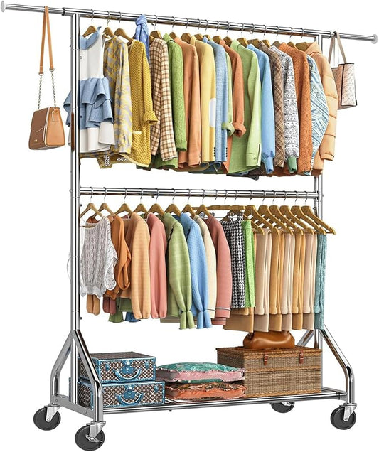 Simple Trending Heavy Duty Clothes Rack, Extendable Clothing Rack, Chrome | Double Rod Garment Rack, Freestanding Portable Closet, with Wheels & Shelf, Adjustable Middle Rod, for Bedroom, Laundry