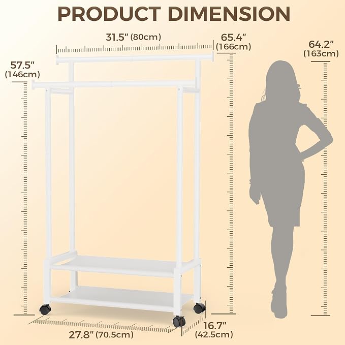 Double Rod Clothing Rack with 2 Shelves, Rolling, White | All tools included, metal frame, 4 casters with 2 locking, for bedroom, laundry, and entryway