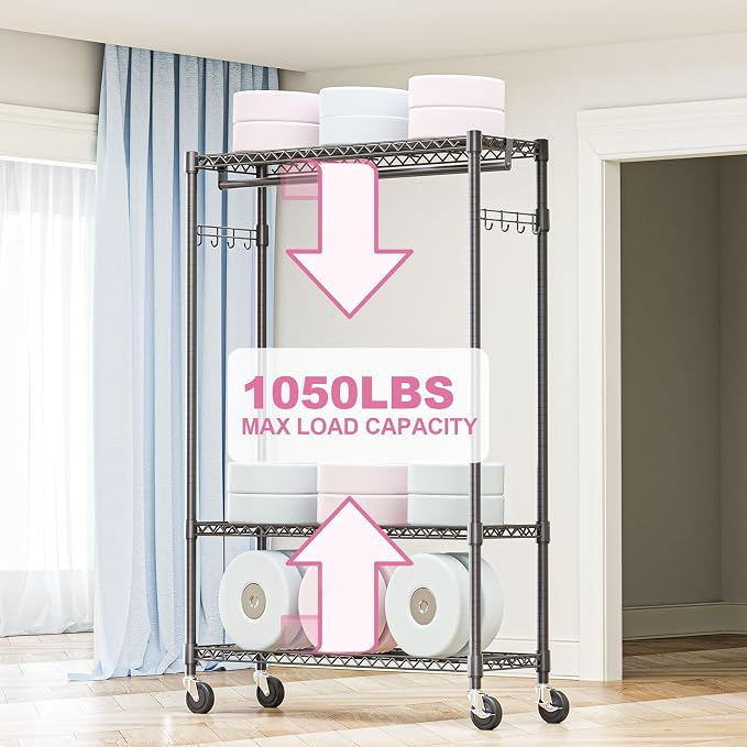 M MZG Heavy Duty Rolling Garment Rack 3 Tiers Adjustable Wire Shelving Clothes Rack with 1 Rods and Side Hooks,Storage Closet Clothing Rack with Wheels Black 15.7" D x 45.3" W x 75.6" H
