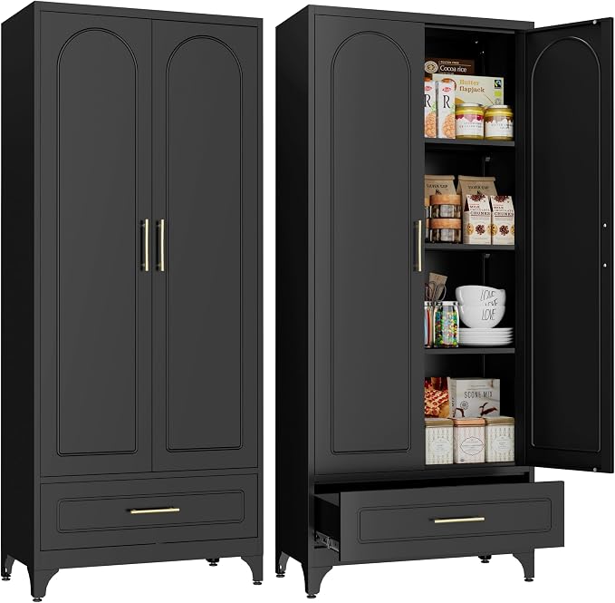 SteeLoong 75” Kitchen Pantry Cabinet, Metal Storage Cabinet with Drawer | Black Pantry Cabinets for Kitchen Storage with 3 Adjustable Shelves,Tall Freestanding Cupboard for Living Room,Kitchen,Garage
