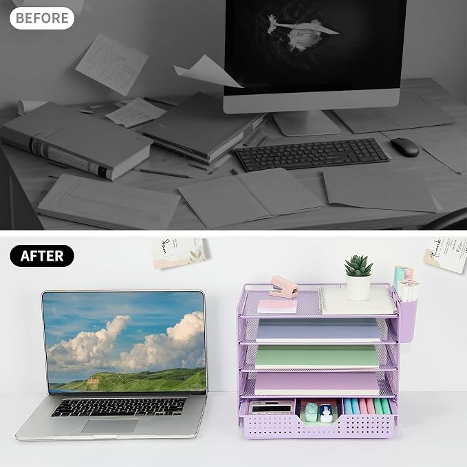 LEKETREE Desk Organizers and Accessories, 5-Tier Paper Letter Tray Organizer with Drawer & 2 Pen Holders, Desktop Organizer for Office Supplies (Purple)