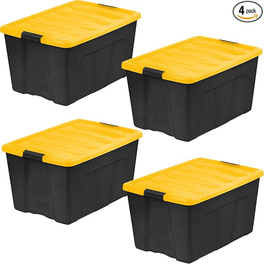IRIS USA 4-Pack 94 Quart Storage Bins with Lids, Black/Yellow | Black finish conceals stored items. Ideal for holiday décor, bulky items, and long-term storage. Nestable design saves space