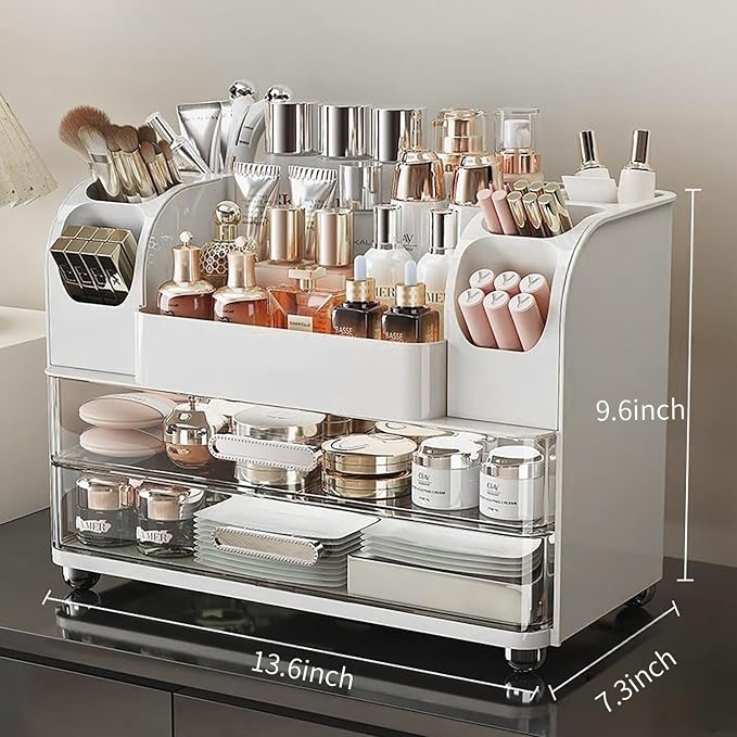 Makeup Organizer,Perfect Bathroom Skincare Organizer,Cosmetic Display Case | Makeup Organizer with Drawers and Brushes Holdere,Easy to Store Your All Beauty Essential