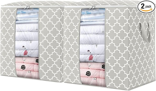 WISELIFE Storage Bags 2 Pack/100L Large Blanket Clothes Organization and Storage Containers for Comforters,Bedding, Foldable Organizer with Reinforced Handle, Clear Window, Sturdy Zippers,Lvory