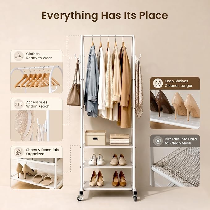 Cesun Heavy Duty Clothes Rack with 3-Tier Mesh Shelves & 8 Hooks, White | Space-Saving Design, Lockable Wheels, Easy Assembly, Stainless Steel, Small Garment Rack for Entrance/Bedroom/Living Room