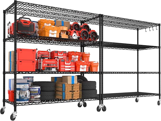 PrimeZone 4 Tier 55.5"W x 24"D x 80"H Heavy-Duty Wire Shelving with Wheels | Tote Storage Rack, Adjustable Shelves, 2400 LBS Capacity, 4" Rolling Casters, 25.4mm Steel Tube for Warehouse, Basement, 2PCS