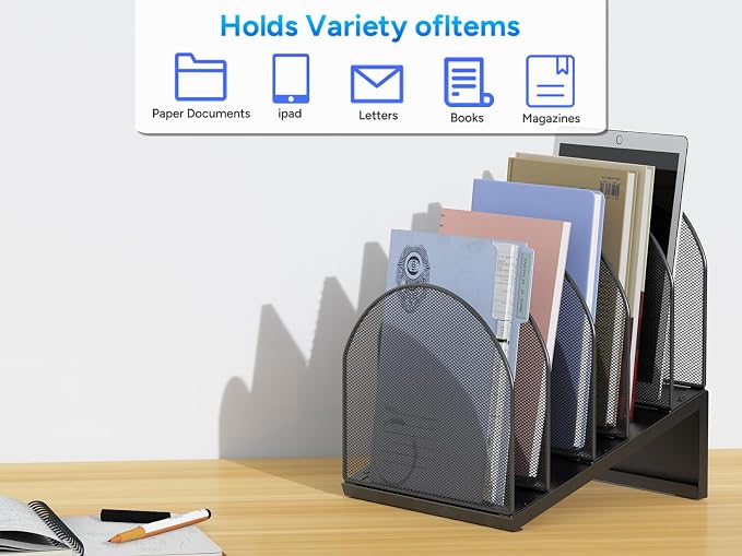 gianotter Desktop File Organizer, Desk Organizer with 5 Compartments, Paper Organizer for Desk, Workspace Organizers for Office Supplies (Black, Inclined Style)