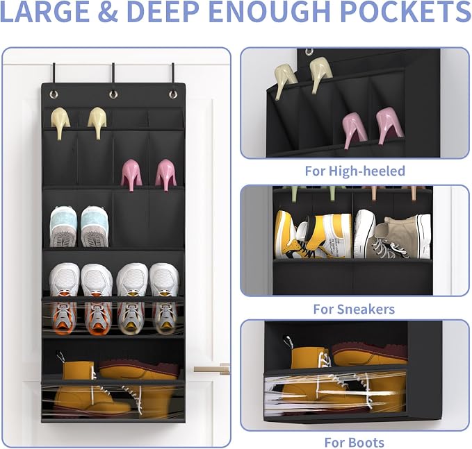 FENTEC 1 Pack Over-the-Door-Shoe-Organizers, Hanging Shoe Organizer with Large Pocket Shoe Holder Hanging Shoe Rack for Closet Shoe Organizer for Wall, Over Door Organizer with 15 Pockets Black