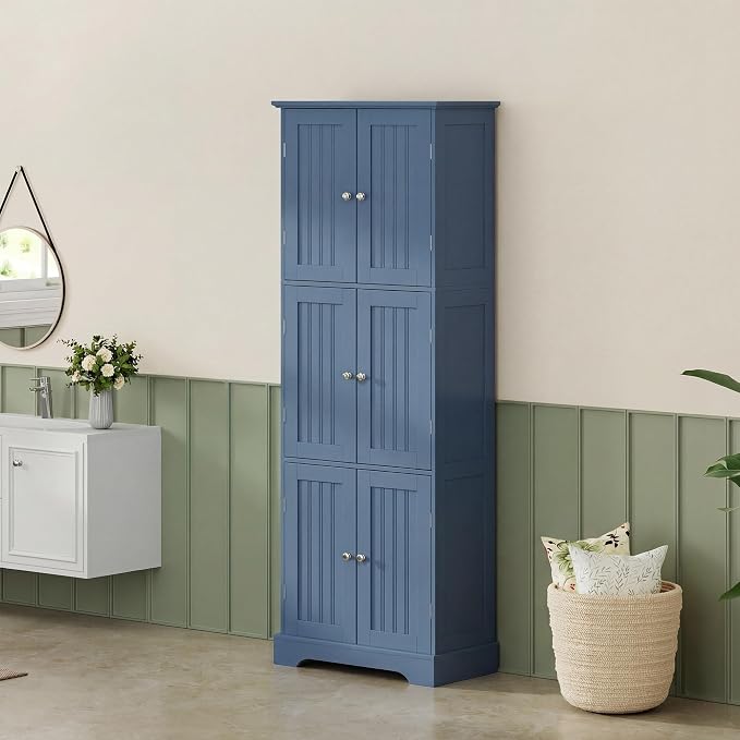 ChooChoo 63.2" Tall Bathroom Storage Cabinet with 6 Doors | Freestanding Floor Cabinet, Adjustable Shelves, Pantry Cabinet for Bathroom, Kitchen, Laundry Room, Blue