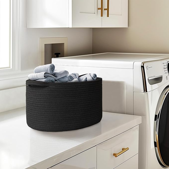 MEGASKET Black Woven Storage Basket, 17"x12"x8" Cotton Rope Baskets for Organizing Dog Toy, Gift, Book, Towel, Cloth, Shoe, Decorative Wicker Storage Bin for Shelves, Closet, Bathroom, Living Room