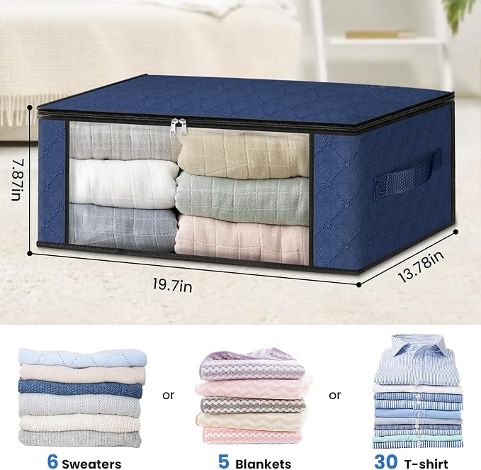 HomeHacks 4-Pack Clothes Organizer Storage Bags, 35L Storage Bins, Blue | Foldable Storage Box Container with Zippers, Clear Window, Reinforced Handles for Closet, Dorm, Pillows, Bedding, Sweater