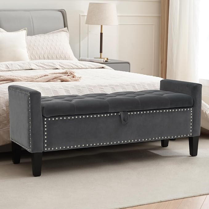 Velvet Ottoman with Storage, 46'' Upholstered Button Tufted End of Bed Bench with Arms, Modern Storage Bench for Living Room, Bedroom, Entryway, Dark Grey