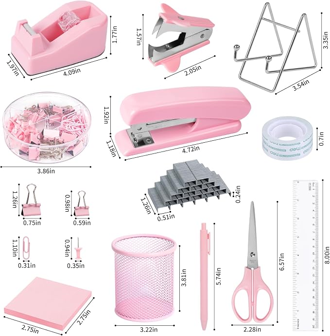 Pink Office Desk Accessories and Organizers, Office Supplies for Desk for Women, Stapler, 1000 Staples, Staple Remover, Phone Holder, Tape Dispenser, Pen Holder, Sticky Note, Clips, Ruler, Etc
