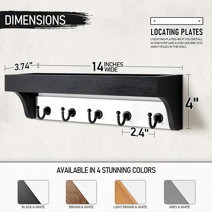 Rebee Vision Key Holder Wall Mount with Shelf for Entryway, Black & White | 5 Hooks, Modern Farmhouse Key Holder for Wall, Two-Tone Key Rack, Mail Organizer, Decorative Home Decor