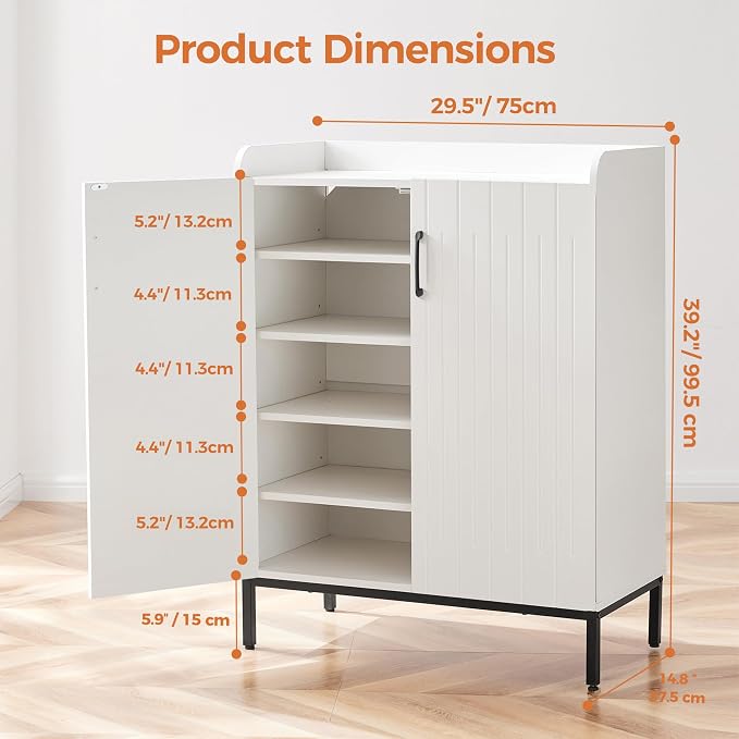 Modern Shoe Cabinet with Metal Legs, Farmhouse Large 5-Tier Shoe Storage Cabinet with Doors, Wooden Shoe Organizer for Entryway, Hallway, Closet, Bedroom, Living Room, White