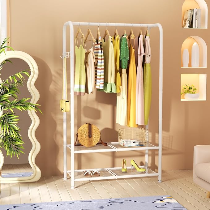 SINGAYE Wardrobe Standing Closet Clothing Rack With Shelf Hanging Clothes | Wardrobe Open Compact Small Metal Garment Hanger Stand Alone Free Standing Black Closet Rack Storage Organizer Heavy Duty