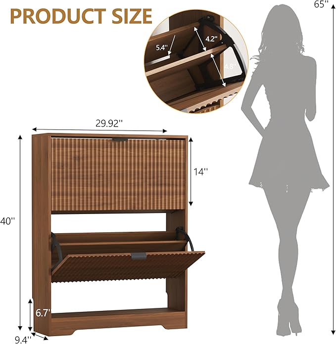 HUANLEGO Shoe Cabinet Storage for Entryway with 2 Flip Drawers, Walnut Fluted Shoe Cabinet with Open Storage, Wooden Hidden Shoe Rack Freestanding Narrow Slim Shoes Organizer for Hallway, Entrance