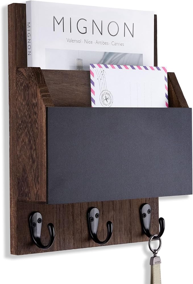 Key and Mail Holder for Wall Mount, Entryway Mail Holder with 2 Slot, Key Holder with 3 Sturdy Hooks for Coat, Dog Leash, Decorative Key Rack (8.86”W x 11.42”H x 3”D) (Brown)