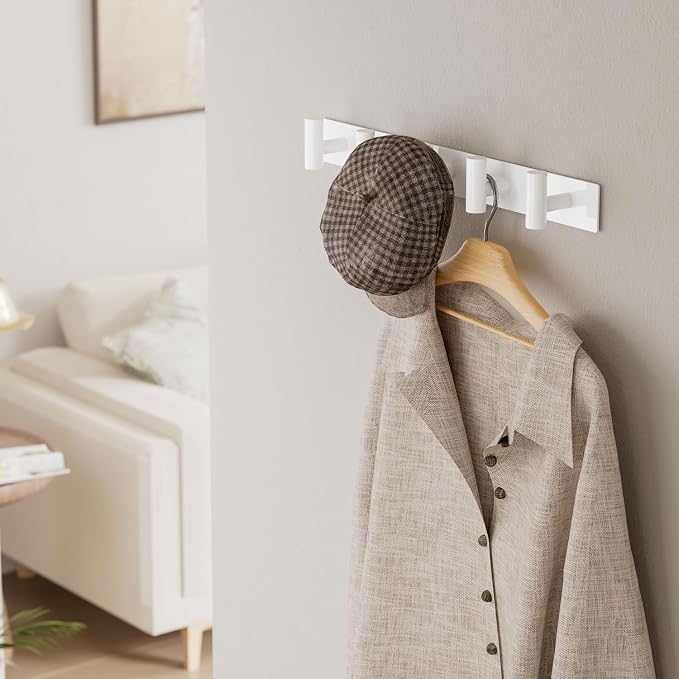 White Wall Mounted Coat Rack – 5 T-Shaped Hooks on 16.5" Rail, (1 Pack) | for Hanging Hats, Bags & Towels, Heavy-Duty Metal Hooks for Entryway, Bathroom, Closet, Bedroom