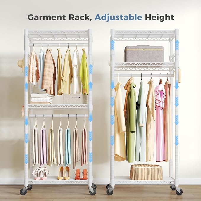 OLIXIS Clothes Rack Heavy Duty Adjustable Garment Clothing Rack with Wheels, Rolling Metal Freestanding Closet Organizer for Hanging Clothes with 2 Side Hooks, Double Rods, 29.5"x15.7"x75.6", White