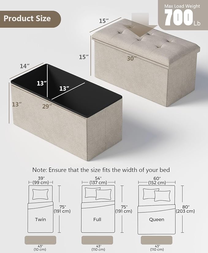 Folding Storage Ottoman Bench, Sandy Beige, 30 Inches | Multi-Functional Ottoman Foot Rest, End of Bed Bench, Storage Chest, Living Room, Bedroom, Hallway, Entryway, 600 lb Capacity