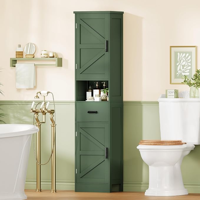 67" H Tall Bathroom Storage Cabinet with Barn Doors and Drawer, Narrow Bathroom Cabinet, Narrow Storage Unit, Adjustable Shelves, Floor Cabinets for Living Room, Forest Green