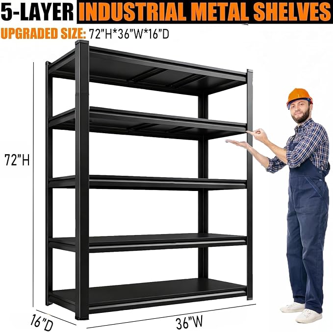 2pack Garage Shelving Heavy Duty Metal Garage Storage Shelves Organizer for Heavy Tools and Equipment, 5 Tier Metal Shelves Adjustable Shelf for Pantry Kitchen Warehouse, Black