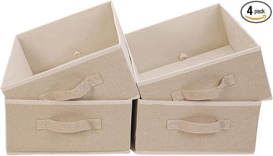 JAKAGO Fabric Storage Bins set of 4 Rectangle Storage Baskets with Handle Foldable Closet Organizer for Clothes Towel bedding Books Collapsible Clothing Container for Shelves Bedroom(Beige Low)