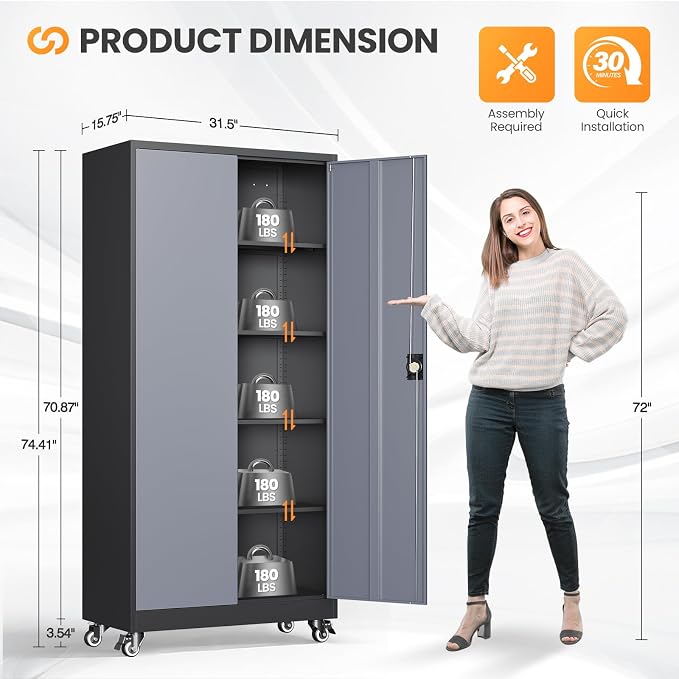 Metal Garage Cabinets with Wheels 15.8" D x 31.5" W x 75" H-Black | Heavy Duty, Locable