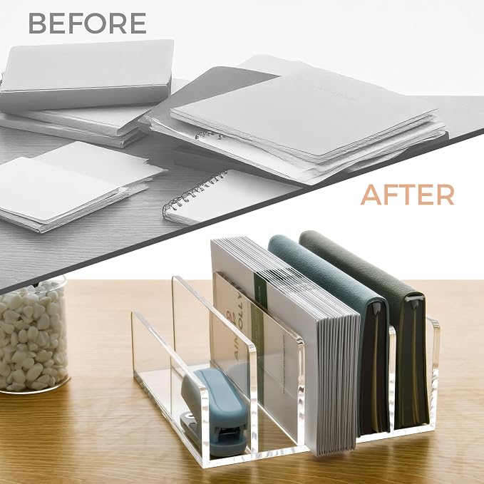 5 Compartments Clear Acrylic Mail Holder – Vertical Letter Sorter & Multifunction Desk Organizer for Bills, Documents, Notebooks – Modern Office/Home Envelope File Rack