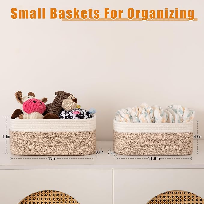 OIAHOMY 4 Pack Storage Baskets for Organizing, Small Bins for Shelves, Cute Decorative Storage Bins, Organizer Baskets for Gifts Empty, 11.8''Lx7.8''Wx4.7''H, Brown/White