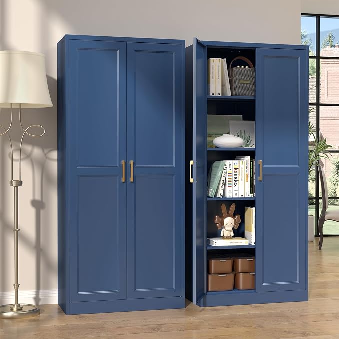 SteeLoong Kitchen Pantry Cabinet,71” Metal Pantry Storage Cabinets with Doors and 4 Adjustable Shelves,Blue Kitchen Cabinet with 2 Gold Handles,Tall Cabinet for Livingroom