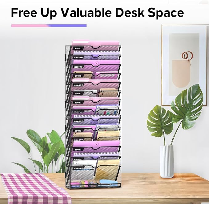 15-Tier Wall File Organizer with Base, Wall Mounted File Holder | Vertical Hanging File Organizer with Open Compartments and Label Holders for Mail, Folders and Paperwork at Home or Work