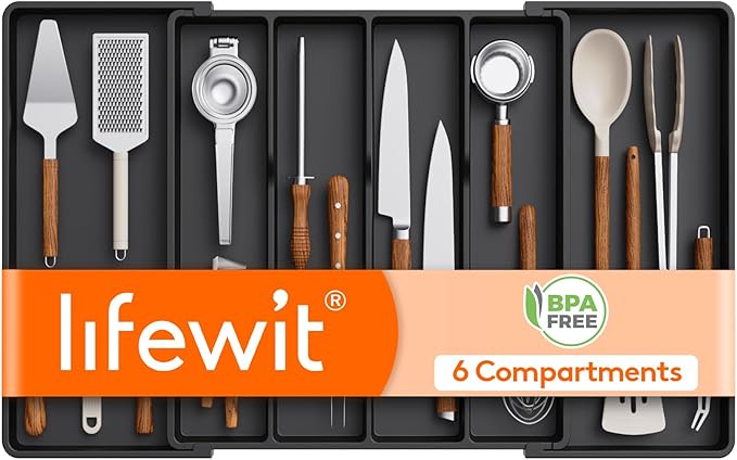 Lifewit Utensil Organizer for Kitchen Drawers, Expandable Cooking Utensil Tray, Adjustable Cutlery Silverware Flatware Holder, Plastic Spatula Tools Storage Divider, 18- 30 x 18.5", Black