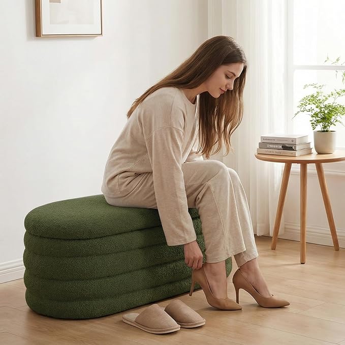 Storage Ottoman Bench, 45'' Upholstered Boucle Ottoman with Storage, Aesthetic End of Bed Bench for Bedroom Living Room Entryway, Green