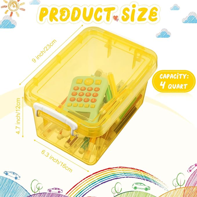 6 Pack Colorful Plastic Storage Bins with Lids 4 Quart Small Storage Latch Box Stackable and Nestable Clear Organizer Bins with Latching Handle and Buckle for Organizing(Yellow)