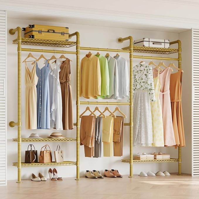 Higeego W3 Wall Mounted Clothes Rack, Industrial Pipe Clothing Rack, Gold | Heavy Duty Clothes Rack, Clothing Racks for Hanging Clothes, Closet Organizer, Expandable Hanger Rods, Adjustable Shelving