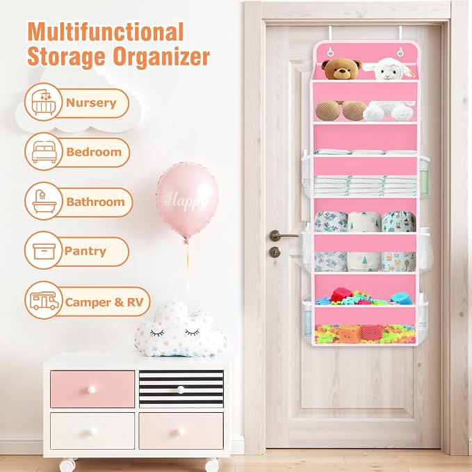 Over The Door Organizer Storage Large Capacity Hanging Bedroom Storage | 4 Shelves, 40 LB Capacity, Foldable Mesh Design, Clear Window, Sturdy, Large Storage Organizer for Nursery, Pantry & Closet