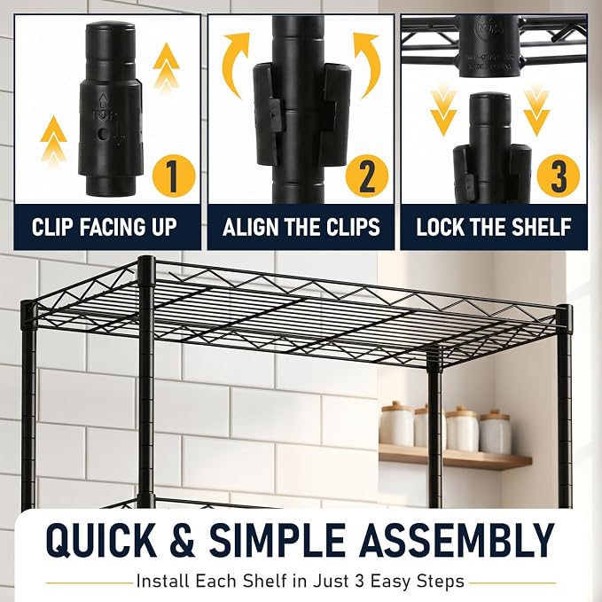 FDW 5 Tier 22L x 12W x 48H Pantry Shelves Adjustable Storage Rack Metal Shelf NSF Shelving Units for Kitchen Garage Small Places Commercial,Black