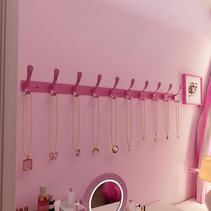 SKOLOO Coat Rack Wall Mounted - 10 Hooks, Pack of 2, Heavy Duty, Stainless Steel, Metal Wall Hanger, Sturdy Coat Hooks for Hanging Coats, Jacket, Clothes, Hat, Pink