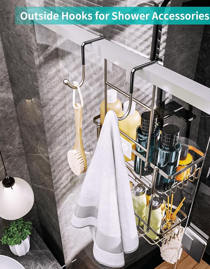 HapiRm Hanging Shower Caddy Over the Door with Soap Holder, No Drilling Adhesive Shower Organizer with 11 Hooks, Rustproof & Waterproof 304 Stainless Steel Bathroom Shelves - Brushed Nickel