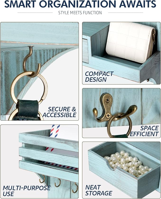 Rebee Vision Key Holder Wall Mount with Drawer & Shelf for Entryway, Blue | Sturdy Wood, Key Holder for Wall, 9 Sturdy Hooks, Floating Shelf, Plant Display, Drawer Organizer, Mail Sorter, Home Decor
