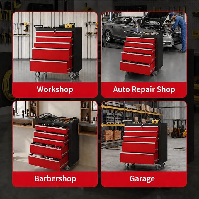 Garvee Rolling Tool Chest, 5 Drawers Tool Storage Cabinet, Toolbox with Wheels, Portable Tool Cabinet Organizer with Locking System & Drawer Liners, Tool Storage Cart for Garage, Workshop, Black＆Red