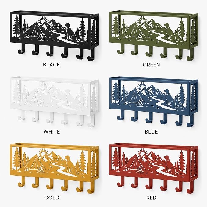 Custom Dog Leash Holder for Wall Outdoor Pet Supply Organizer with Basket | Personalized dog leash holder with storage basket, mountain dog design, wall mount organizer for leash, keys and pet supplies