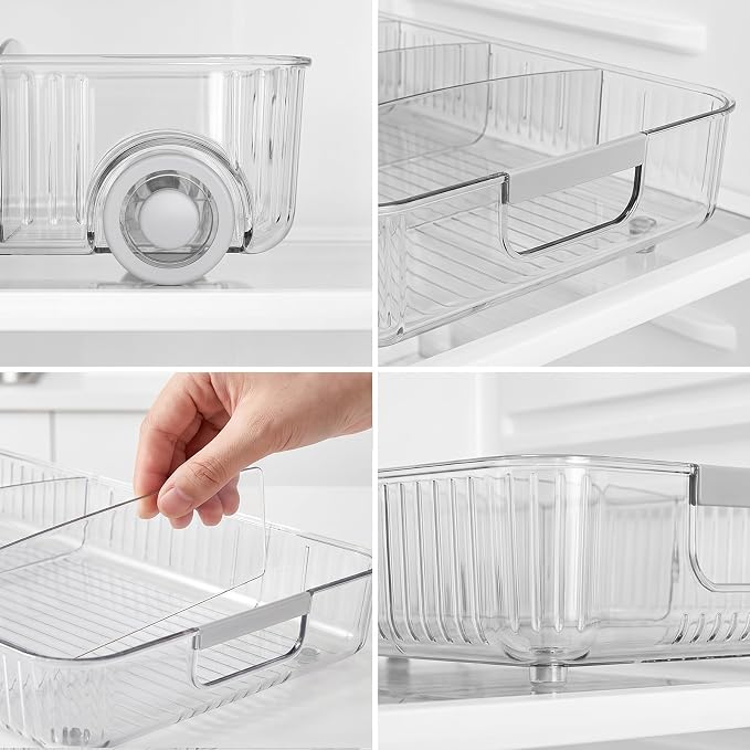 Fridge Organizer Bins with Wheels, Pull Out Fridge Organizer, Adjustable Dividers and Easy Pull Handles, Clear Plastic, 2-Pack, Suitable for Kitchen, Pantry and Cabinet Deep Shelves