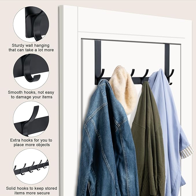 Over The Door Hooks,Door Hanger Hooks for Hanging (Black, Fit 1-3/4" Doors) | Sturdy Door Hanger,Towel Racks for Bathroom with 12 Coat Hook,Coat Rack,Large Over The Door for Bathroom,Bedroom,Kitchen ﻿