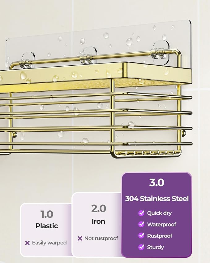 ODesign Shower Caddy Adhesive 3 Pack Stainless Steel Storage Shelves-Golden | No drilling wall mounted,rust-resistant,large capacity,quick drainage,easy to clean,suitable for bathrooms and kitchens