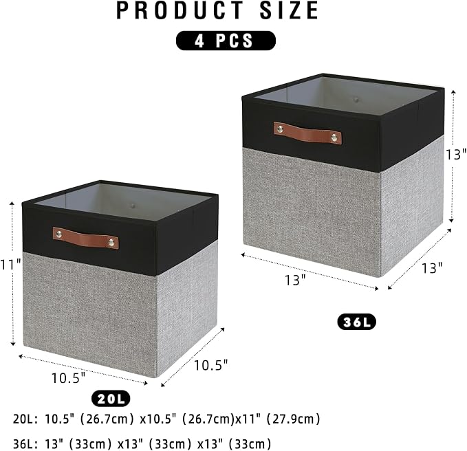 Bagnizer Collapsible Fabric Storage Cube Bins with 2 Reinforced PU Handles, Foldable Storage Organizer Baskets for Closet, Shelves, Living Room | 13"x13"x13", 4 Pack, Black & Gray
