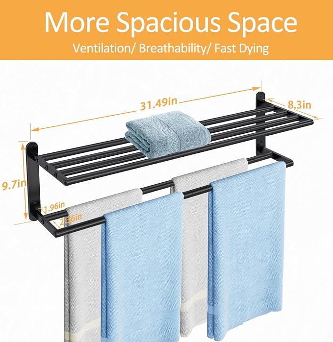 Double Towel Racks for Bathroom, Towel Shelf with Double Towel Bar 32 inch, Towel Rack with Shelf for Bathroom, Stainless Steel Towel Holder Wall Mounted, Towel Storage for Bathroom Lavatory Black