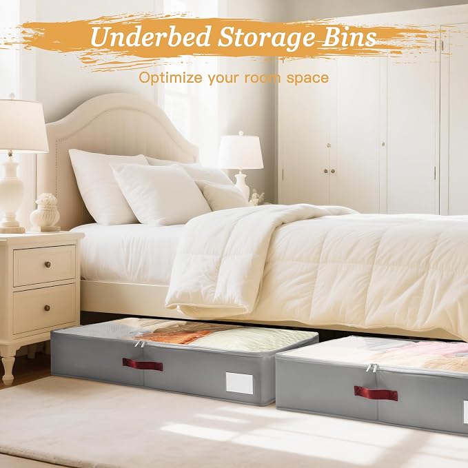 Under Bed Storage Bins with Clear PVC Lids – 4 Pack Large Underbed Organizers with Heavy-Duty Handles, Reinforced with 800G PP Panels & 80G Non-Woven Fabric – Waterproof & Foldable, Gery